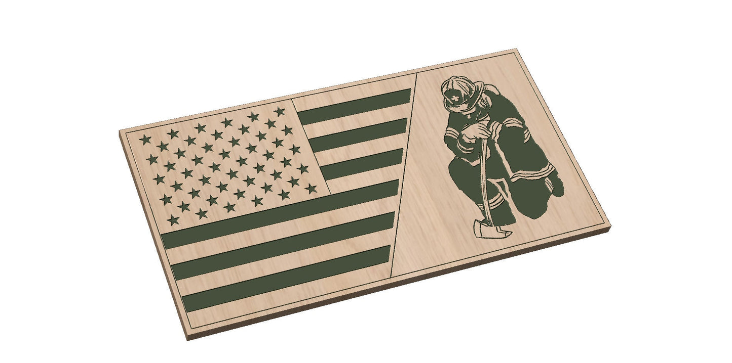 Split American Flag with Kneeling Firefighter SVG