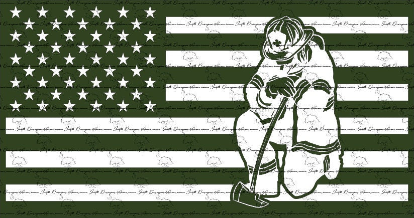 American Flag with Kneeling Firefighter