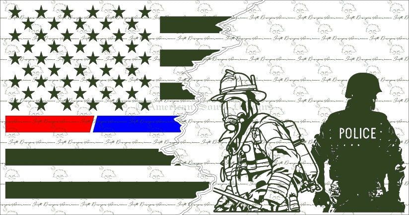 Tattered 3 Flag with Firefighter and Police Officer