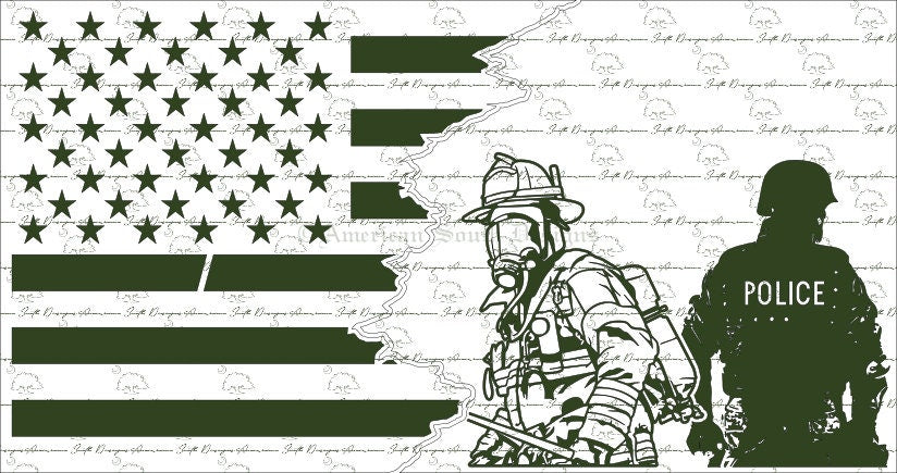 Tattered 3 Flag with Firefighter and Police Officer