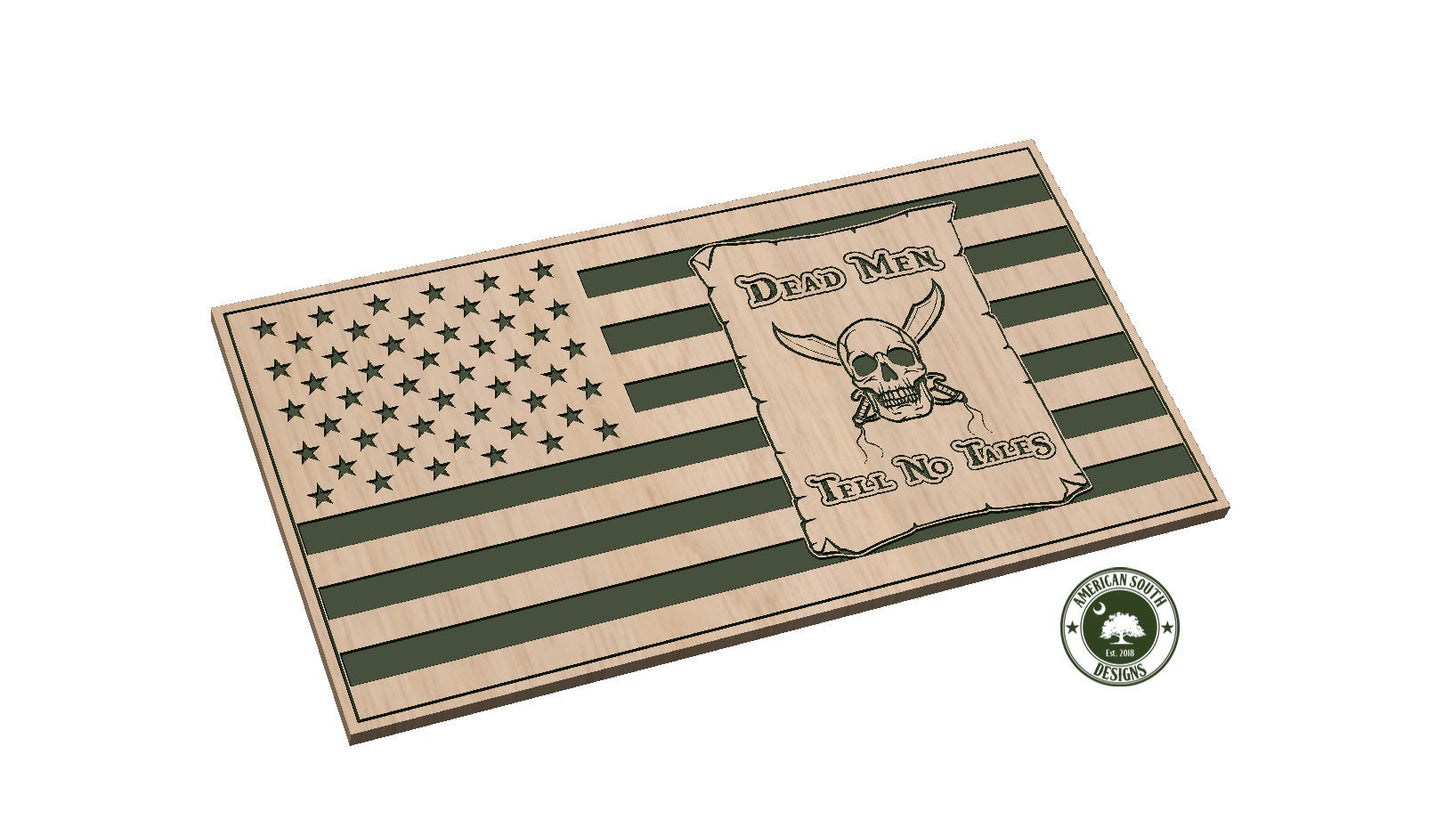American Flag with Dead Men Tell No Tales Scroll